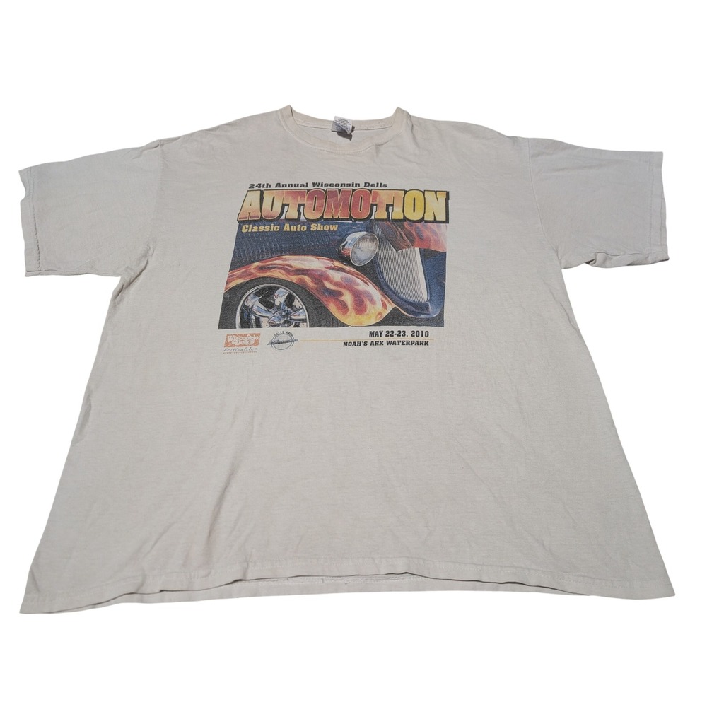 Gildan T-Shirt Mens XL Cream Automotion Classic Auto Show 2010 Hot Rod Graphic